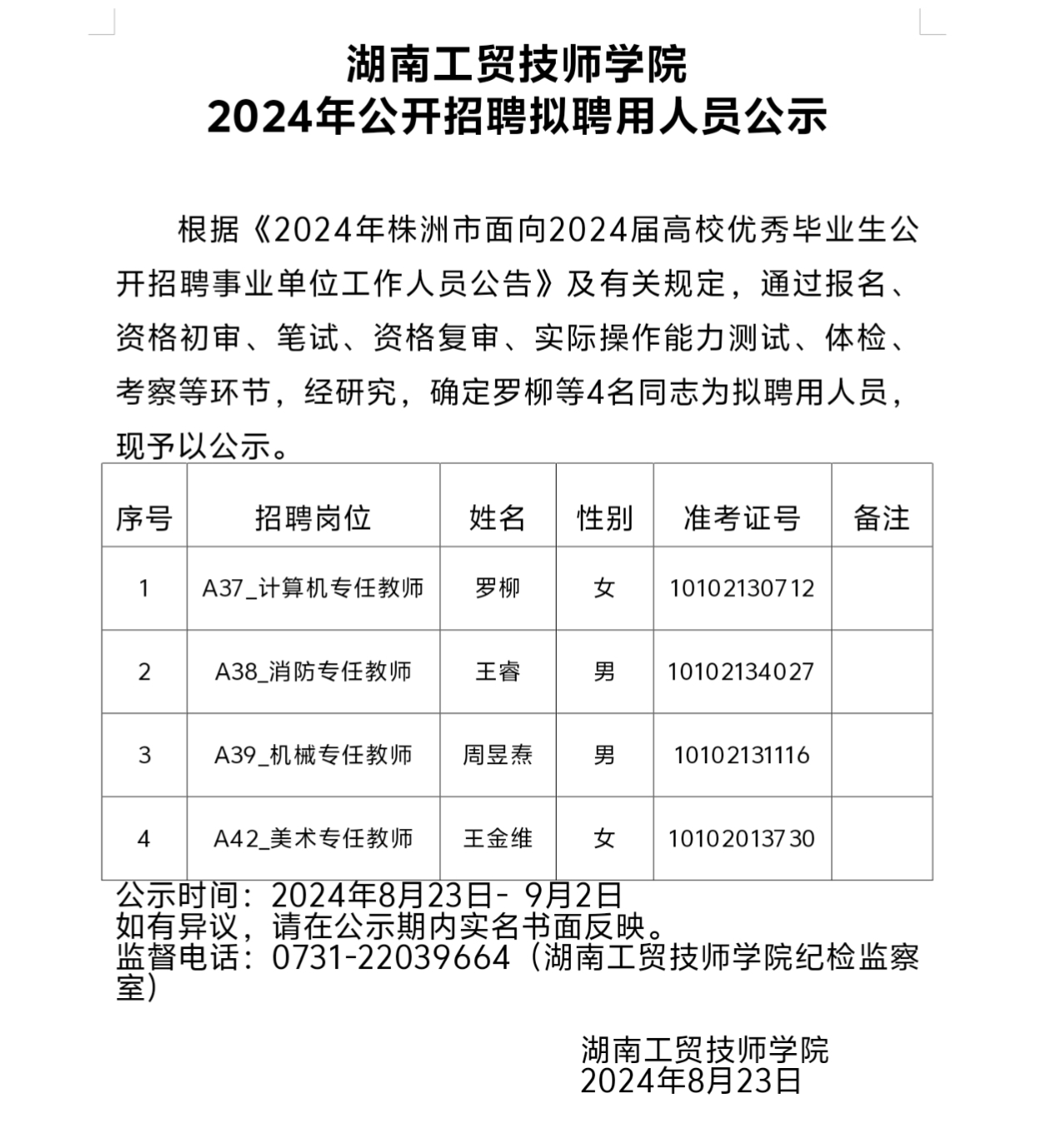 湖南工貿(mào)技師學(xué)院2024年公開(kāi)招聘擬聘用人員公示